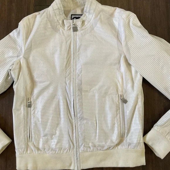 Chanel White Size 8-10 Perforated Leather Bomber Jacket Branded Back Stripe